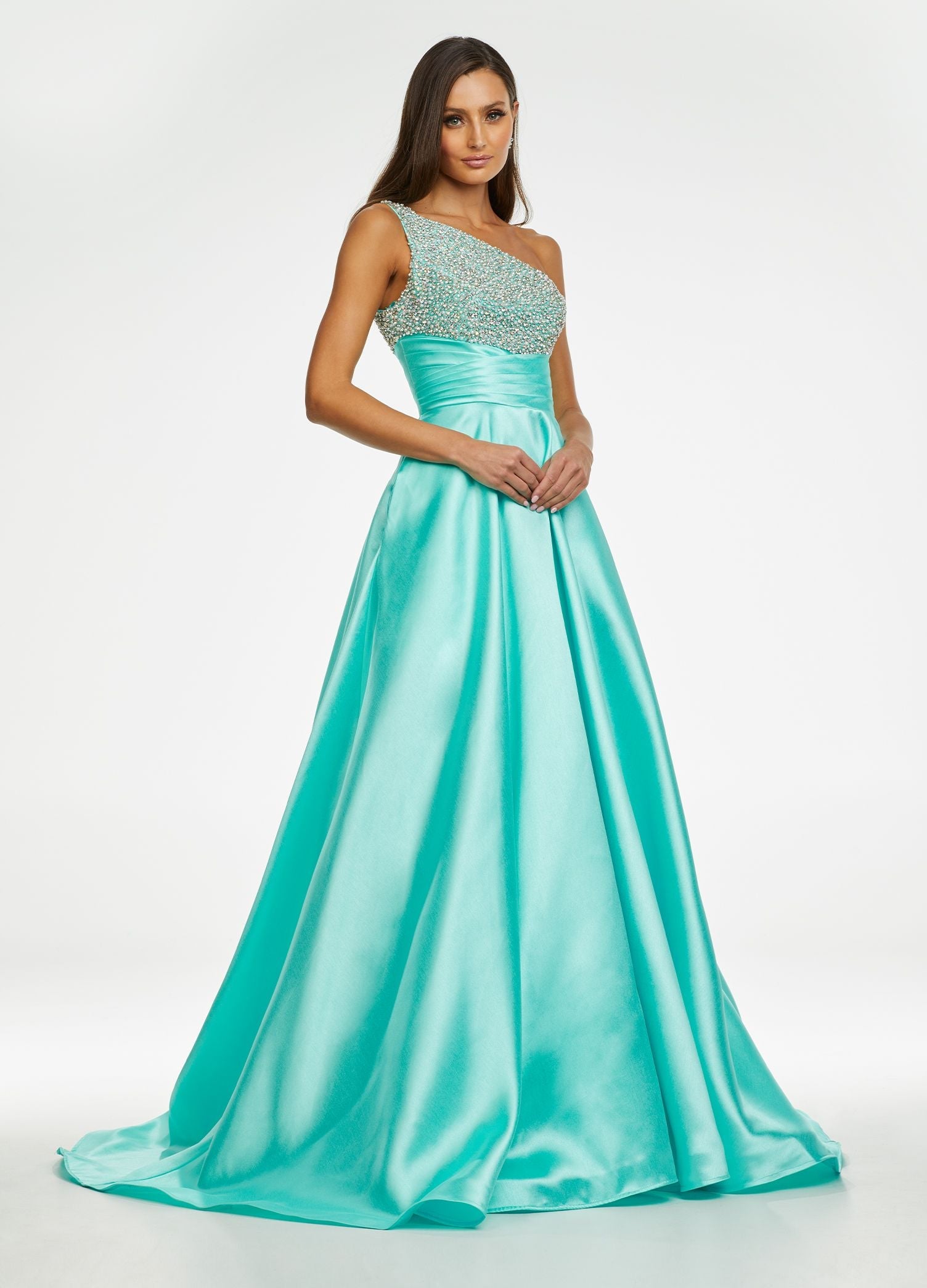 Ashley Lauren 11149 One Shoulder Ball Gown Prom Dress with Embellished Bodice  Sparkle in this one shoulder taffeta ball gown. The elegantly encrusted bustier is embellished with pearls and crystals that give way to wrap waistline. Did we mention is has pockets?!  One Shoulder Beaded Bustier Shimmer Taffeta Train Colors:  Sky, Aqua, Pink, White Sizes:  0-16
