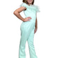 Marc Defang 8185K Pageant Jump suite with feather neck line off the shoulder  Feather neckline Scuba body material Jumpsuit style Center back invisible zipper Fully Lined  Available Sizes: 12  Available Colors: Mint