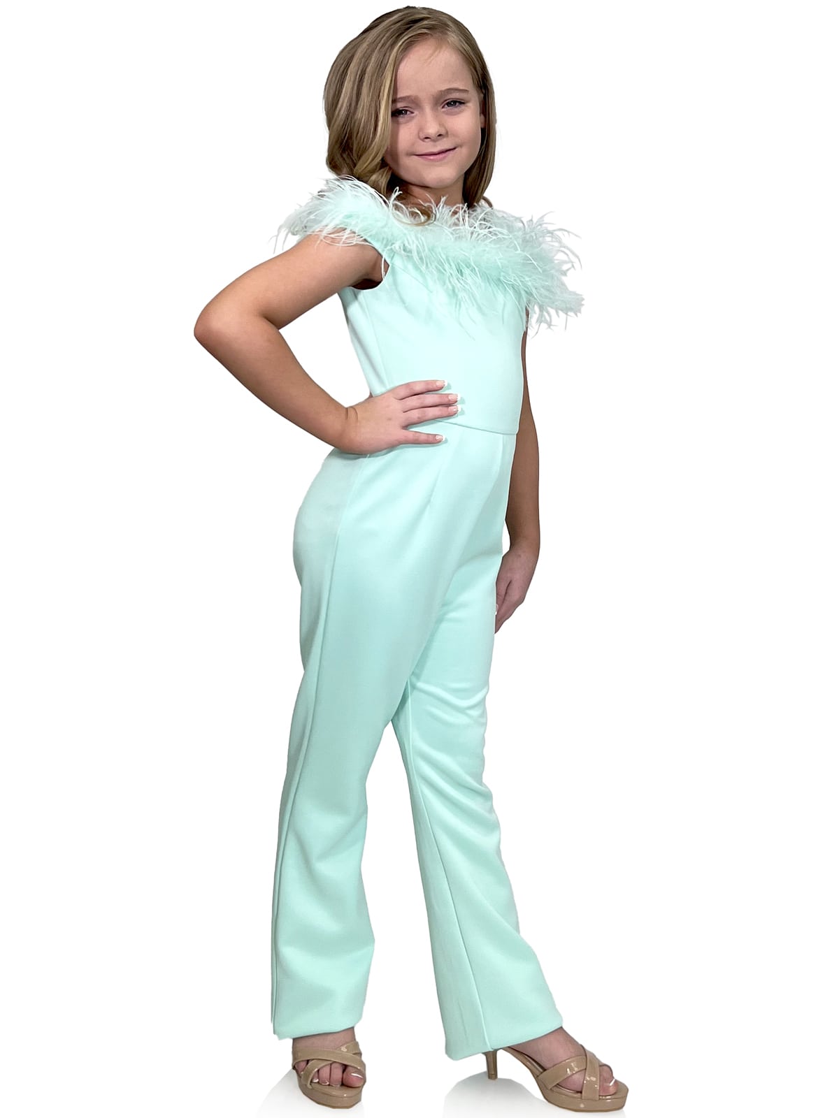 Marc Defang 8185K Pageant Jump suite with feather neck line off the shoulder  Feather neckline Scuba body material Jumpsuit style Center back invisible zipper Fully Lined  Available Sizes: 12  Available Colors: Mint