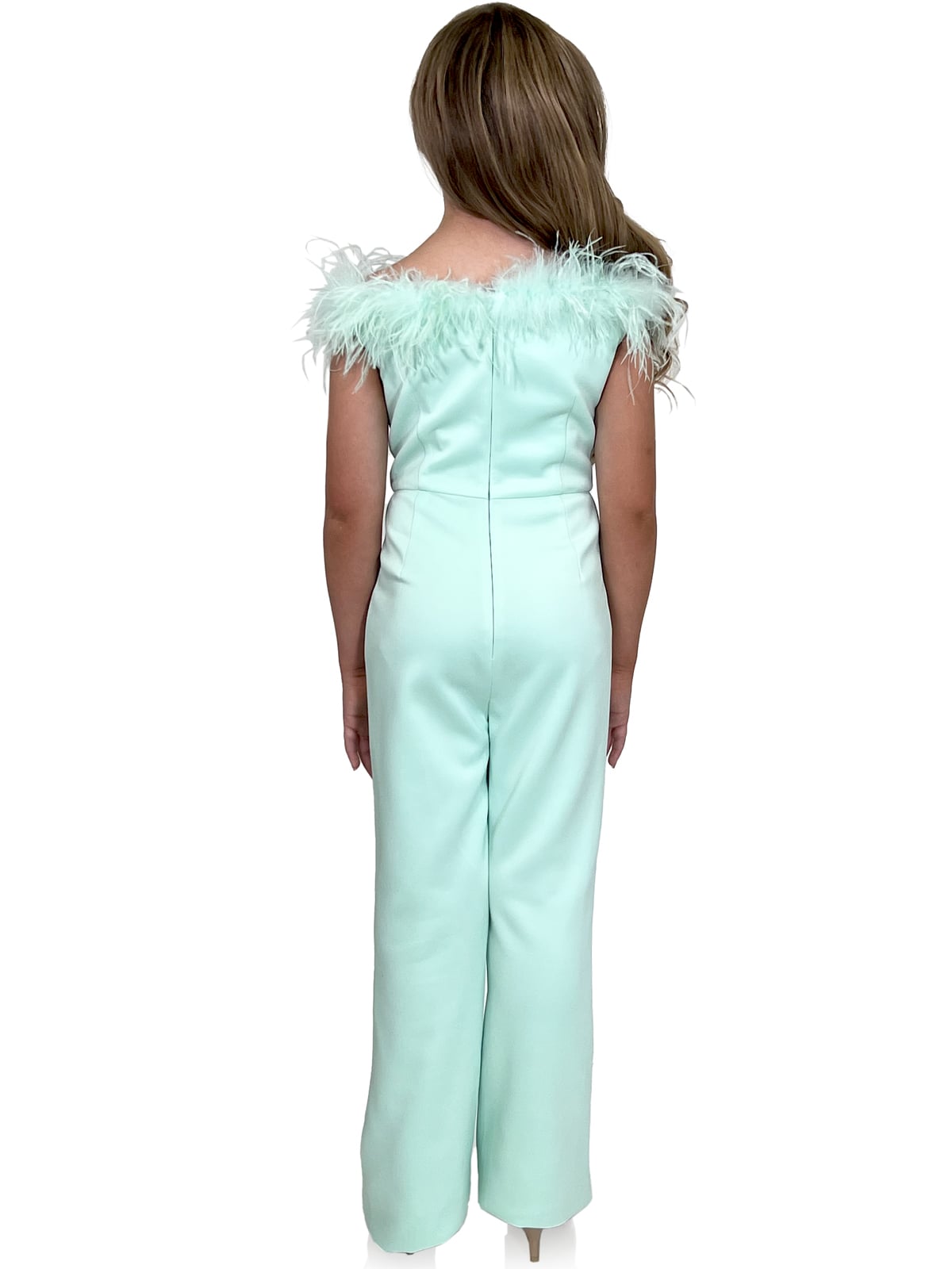 Marc Defang 8185K Pageant Jump suite with feather neck line off the shoulder  Feather neckline Scuba body material Jumpsuit style Center back invisible zipper Fully Lined  Available Sizes: 2-14  Available Colors: Pink, Lilac, Red, White, Royal Blue, Hot Pink, Aqua, Yellow, Emerald, Mint