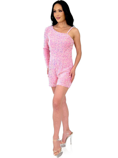 Marc Defang 8048 Short Sequin Romper One Shoulder Long Sleeve Fun Fashion  Single shoulder sleeve Beaded Strap Fully beaded Romper Detachable Overskirt (optional) Center back invisible zipper Fully lined Available Sizes: 00-14 If you need a custom color please refer to swatches 30-45 Days  *Overskirt Not Included!