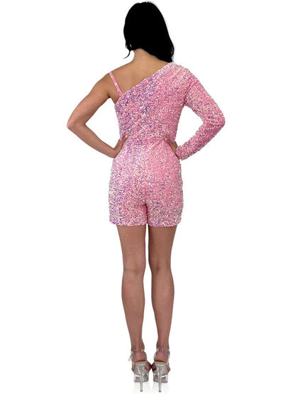 Marc Defang 8048 Short Sequin Romper One Shoulder Long Sleeve Fun Fashion  Single shoulder sleeve Beaded Strap Fully beaded Romper Detachable Overskirt (optional) Center back invisible zipper Fully lined Available Sizes: 00-14 If you need a custom color please refer to swatches 30-45 Days  *Overskirt Not Included!