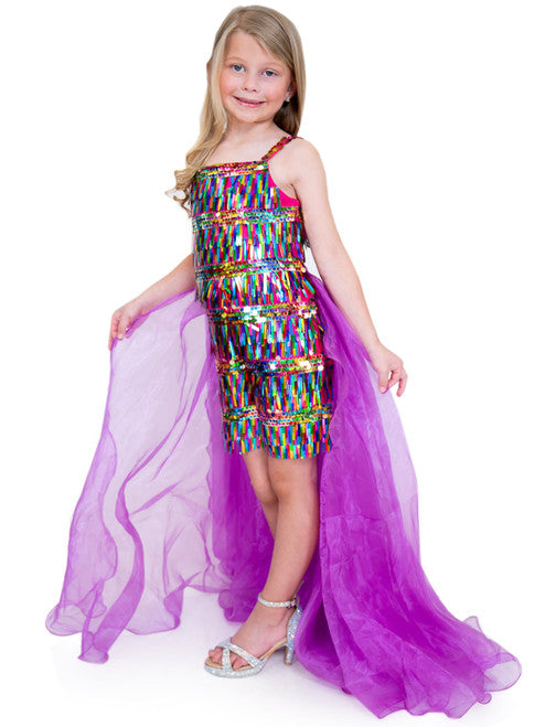 Marc Defang 5010 Short Girls Sequin Romper Fun Fashion Overskirt Pageant Kids   This Fun Fashion piece comes with detachable overskirt is included in the price  Fully iridescent multicolor beaded romper  With soft knitted inner lining for comfort Side zipper Floor length overskirt adds fun to walk Available Sizes: 4 Available Colors: white