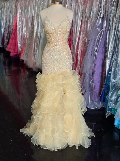 Lucci Lu 1395 Size 8 Yellow Sheer Sequin Mermaid Prom Dress Ruffle Slit Formal Dress Corset Fit & Flare Gown