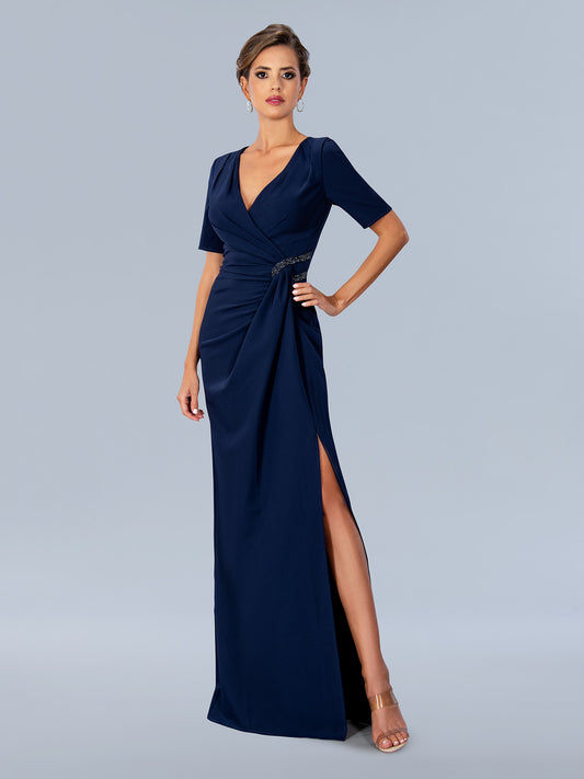 Elevate your special occasion look with the Stella Couture 24317 navy formal gown, designed in size 10 for a refined fit. This mother-of-the-bride dress features elegant short sleeves and sophisticated ruching that flatters your silhouette. A tasteful slit adds a modern touch, ensuring ease of movement while maintaining formal elegance. Crafted with attention to detail, this gown combines comfort and style for a polished and confident appearance at any event.

Size: 10

Color: Navy