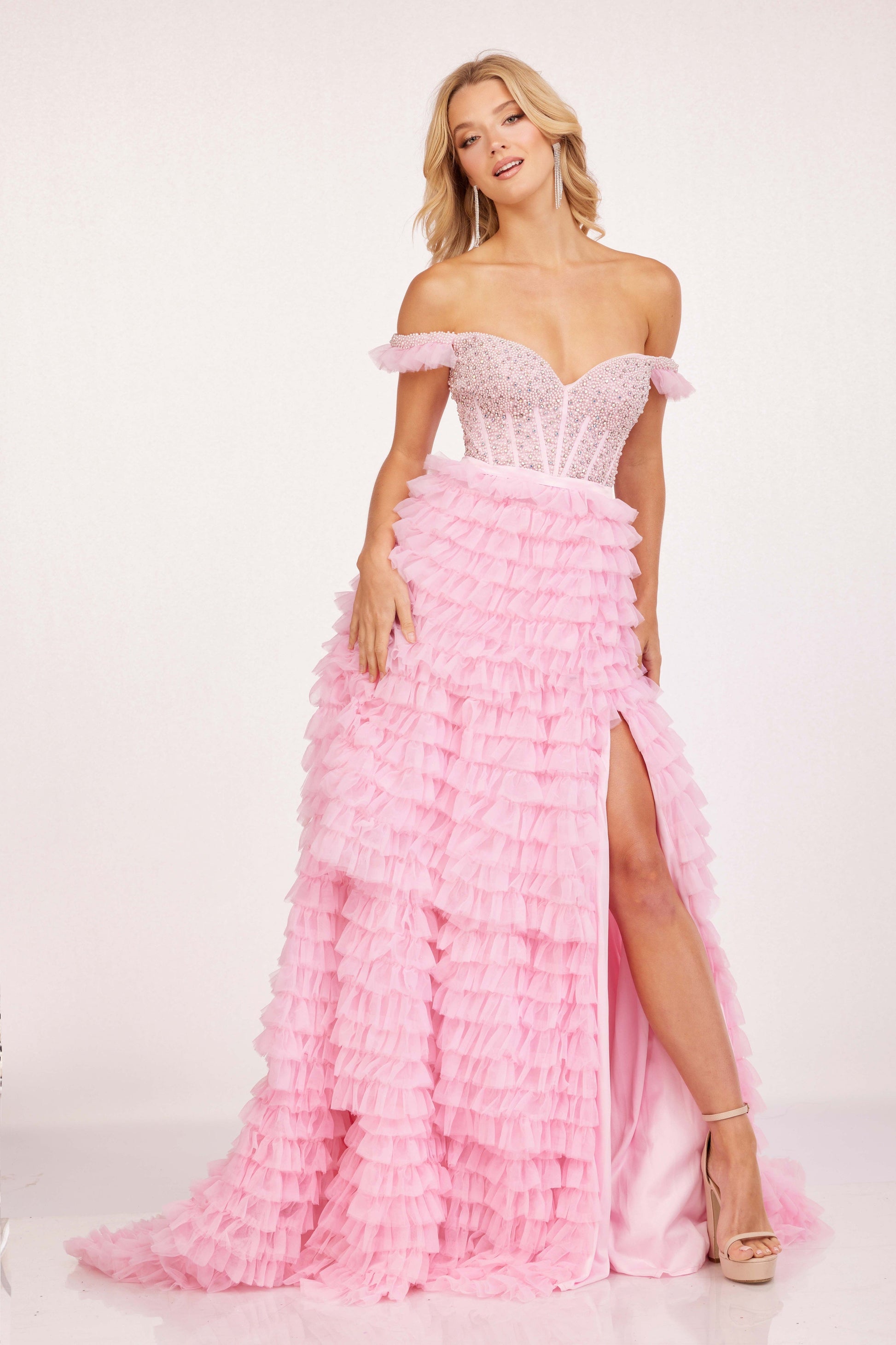 Cecilia Couture 2224 Size 4 Powder Blue Ruffle A Line Maxi Slit Off The Shoulder Prom Dress Formal Corset Gown Cecilia Couture 2224 Size 4 Powder Blue Ruffle A Line Maxi Slit Off The Shoulder Prom Dress Formal Corset Gown