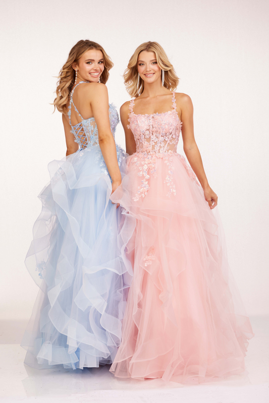 Look stunning and elegant in the Cecilia Couture 2226 Sheer Lace Corset Prom Dress. The sheer lace corset and ruffle A-line design accentuates your figure, while the floral scoop neck adds a touch of femininity. Perfect for formal occasions, this dress will make you feel confident and sophisticated.  Sizes: 0-16  Colors: Peach, Sky Blue
