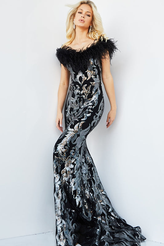 Jovani 22346 Off the Shoulder Feathered Neckline Sequin Embellished Floor Length Slight Flare Bottom Prom Dress. Make a statement in this show-stopping Jovani 22346 floor length prom dress. Crafted from delicate sequin-embellished fabric, the dress features an off-the-shoulder neckline with feather detailing and a slight flare bottom for added movement. Style it with shimmering earrings for an unforgettable night.