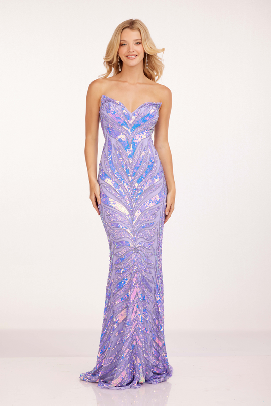 Expertly crafted by Cecilia Couture, the 2235 Sequin Peak Point Beaded Prom Dress boasts a fitted silhouette and a stunning V-neckline. Sparkling sequins and beadwork adorn this formal gown, creating a luxurious and eye-catching look for any special occasion. Elevate your style with this elegant and sophisticated design.
