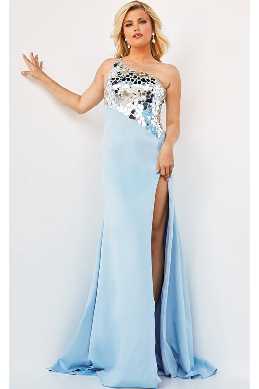 Jovani 22410 One Shoulder Cut Glass Embellished Bodice High Slit Prom Dress. Look absolutely stunning in the Jovani 22410 One Shoulder Cut Glass Embellished Bodice High Slit Prom Dress. Featuring an eye-catching one shoulder cut, glass embellishment on the bodice, and a high slit, this dress is sure to get you noticed. Perfect for any special occasion.