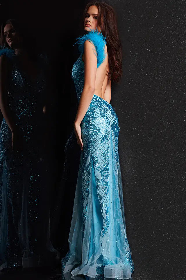 Introducing the Jovani 22507, a captivating prom dress that seamlessly blends sophistication with red-carpet glamour. This exquisite gown, versatile for formal, pageant, and black-tie events, promises to leave an indelible mark on any occasion.  Crafted from opulent embellished mesh, the Jovani 22507 features a fitted silhouette that envelops you in luxury and shimmer, ensuring you radiate elegance and grace.