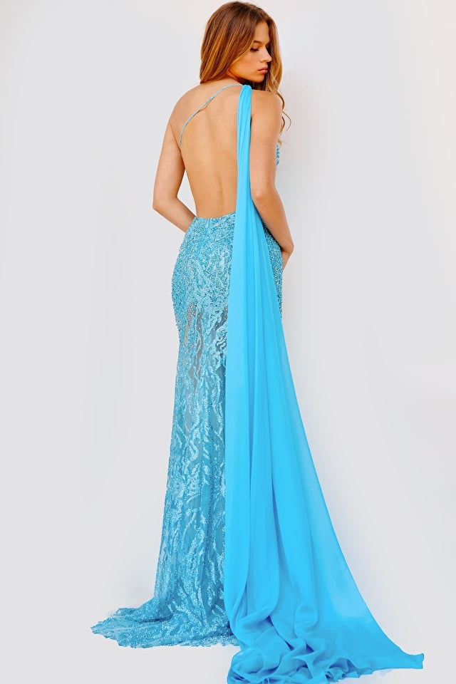 Jovani 22602 Sequin And Stone Embellished Illusion Skirt One Shoulder Prom Dress.  Show off your unique style with this Jovani 22602 dress. The form-fitting silhouette, one shoulder neckline, and beaded over sheer fabric give it a stunning look. The long skirt features an illusion slit and sweeping train for extra drama. Available in sizes 00-24 and two colors, it's the perfect prom or wedding guest dress.   