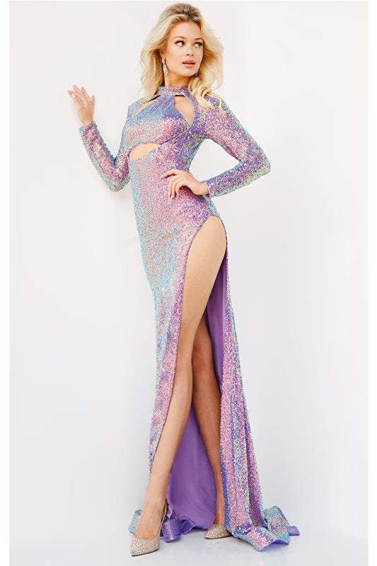 Jovani 22843 Sequin Long Sleeve Fitted Bodice With Front Cutouts, High Neckline And Open Back Prom Dress. Be a fashion leader at your prom in the Jovani 22843. This sparkling gown features a high neckline and fitted bodice adorned with sequin detail, complemented by front cutouts, long fitted sleeves, and an open back. Make an unforgettable statement with this show-stopping piece