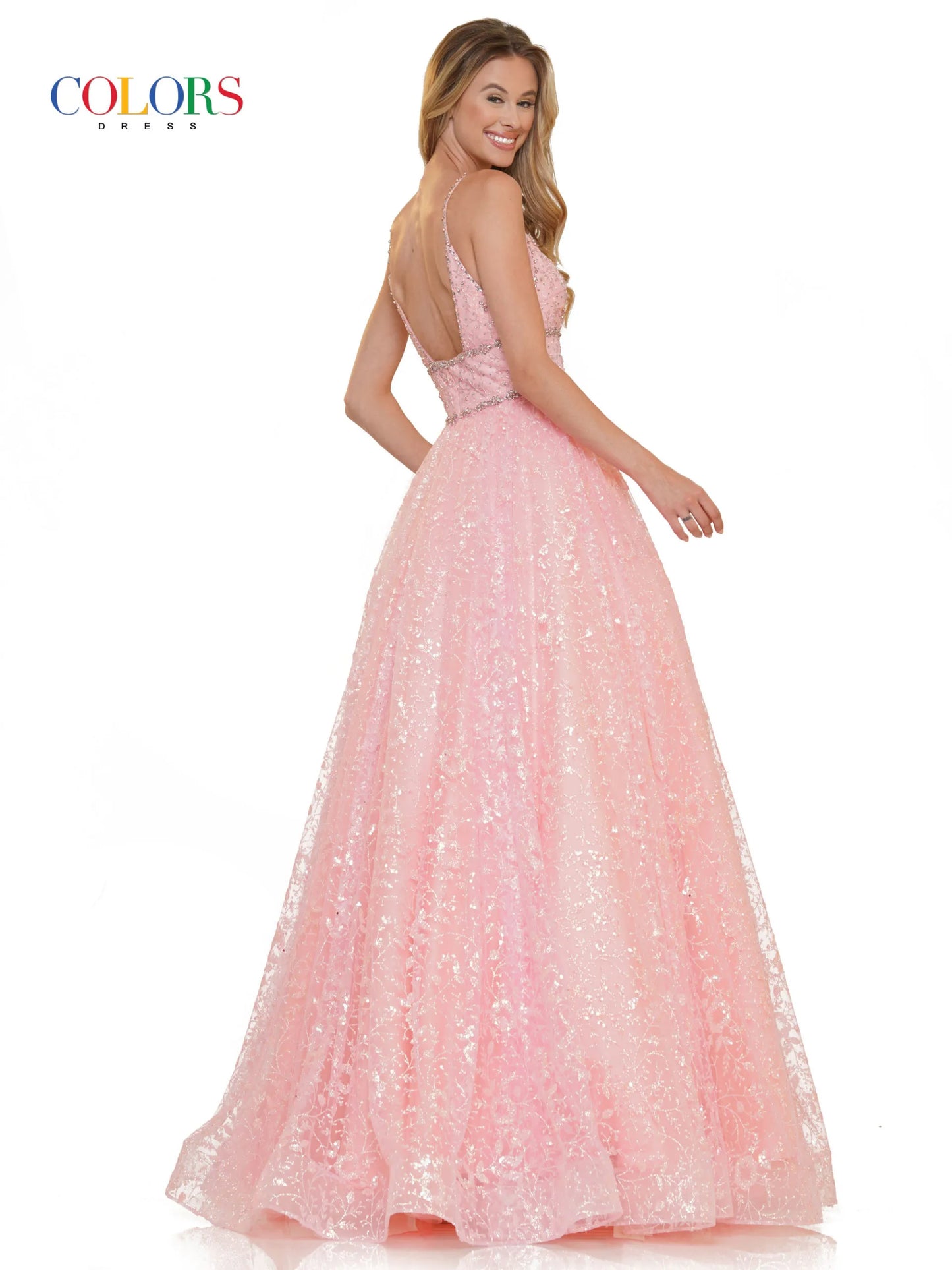 This stunning Colors Dress 2288 features a glittering sequin mesh ball gown with a plunging neckline and beautifully beaded bodice. Perfect for any formal event or pageant, this dress exudes elegance and sophistication. Make a statement and stand out from the crowd in this glamorous gown.
