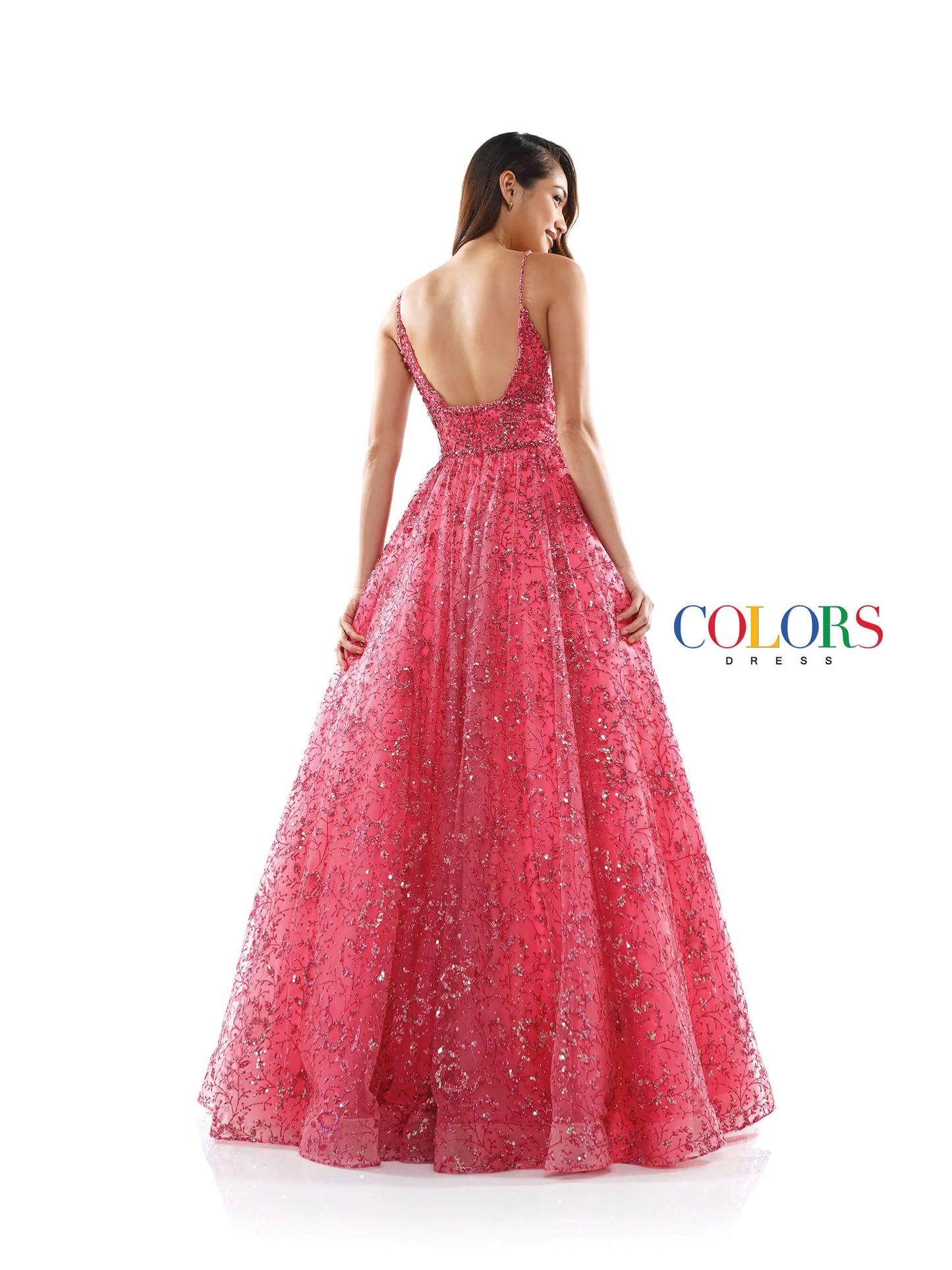 This stunning Colors Dress 2288 features a glittering sequin mesh ball gown with a plunging neckline and beautifully beaded bodice. Perfect for any formal event or pageant, this dress exudes elegance and sophistication. Make a statement and stand out from the crowd in this glamorous gown.