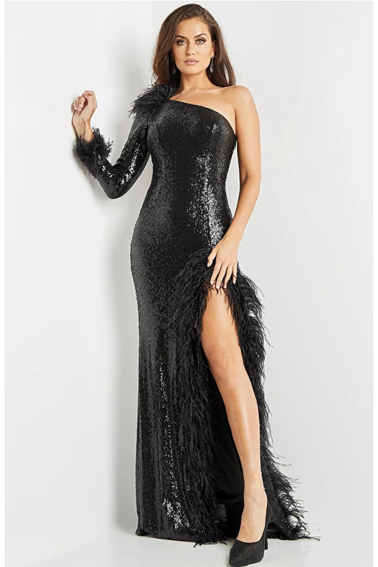 Jovani 22895 Sequin One Long Sleeve Feather Cuff Embellished High Feathered Trim Slit Evening Dress. Look stunning in this Jovani 22895 evening dress. Featuring long sleeves with feather cuffs, sequins embellishments, and a high feathered trim with a slit on the skirt, it's sure to make you stand out at your next party.