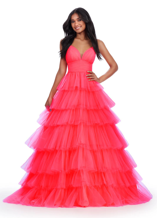 Ashley Lauren 11622 Long Layered Tulle A Line Prom Dress Formal Ballgown V Neck This tulle ball gown features a tiered design and ruched bustier. The look is complete with spaghetti straps and a sweetheart neckline.  COLORS: Electric Coral, Orchid, Jade, Hot Pink Sizes: 0-24