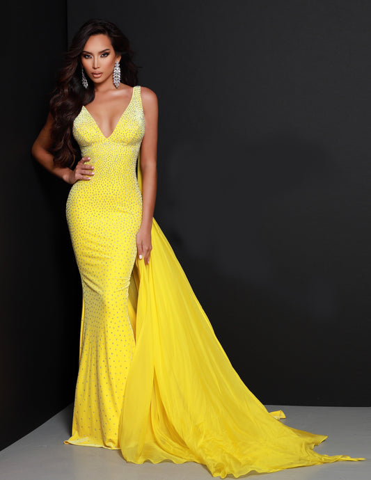 Johnathan Kayne 2308 size 4 Yellow Prom Dress V Neckline Embellished Velvet Long Train