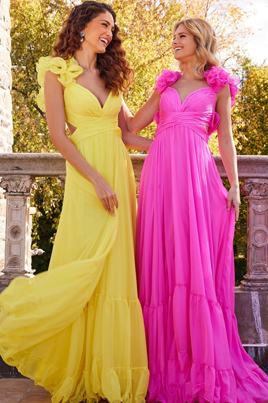 Jovani 23322 Chiffon Criss-Cross Ruching At The Waist Ruffle Detailed Strap Pleated Maxi Prom Dress. Look your best on your special day with the Jovani 23322 Chiffon Maxi Prom Dress. Crafted with 100% Chiffon, this dress features criss-cross ruching at the waist, detailed straps, and a pleated skirt. Upgrade your statement with ruffle detailing throughout.