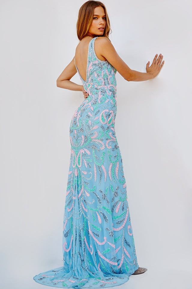Jovani 23511 Light Blue/Multi Plunging V-Neck Embellished Prom Dress.  Bring sophistication to your next special event with Jovani 23511. This floor-length prom dress features a light blue/multi color combination, plunging V-neckline, and subtle embellishments for an eye-catching look. Crafted from high-quality materials, it is perfect for any formal occasion.