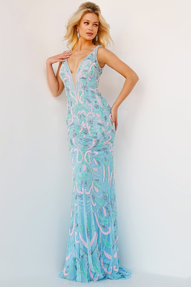 Jovani 23511 Light Blue/Multi Plunging V-Neck Embellished Prom Dress.  Bring sophistication to your next special event with Jovani 23511. This floor-length prom dress features a light blue/multi color combination, plunging V-neckline, and subtle embellishments for an eye-catching look. Crafted from high-quality materials, it is perfect for any formal occasion.
