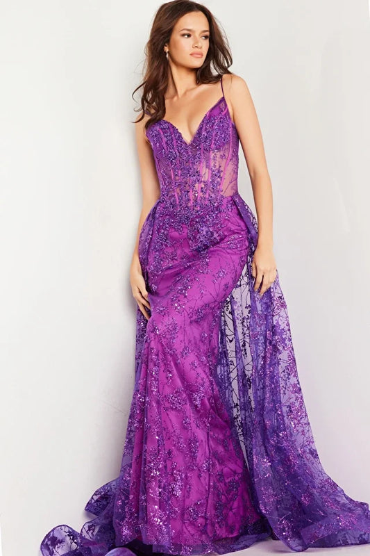 Jovani 23530 Size 4 Amethyst Long Prom Dress Fitted Corset Beaded Bodice Sequin Long Over Skirt Formal Pageant Gown