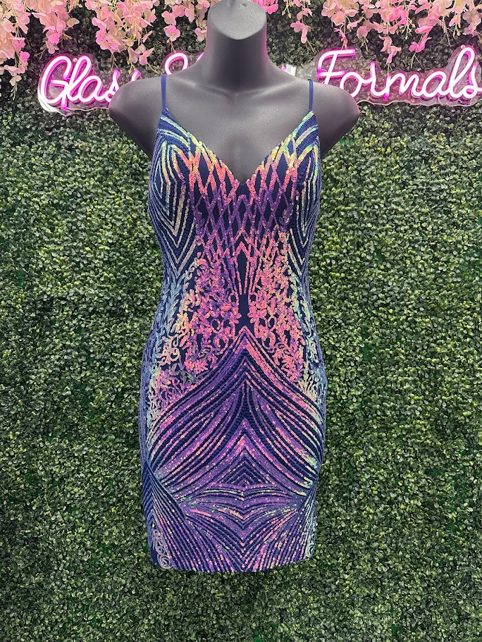 Stella Couture 23719 size 0 Purple Short Fitted V Neck Sequin Homecoming Dress Cocktail Gown