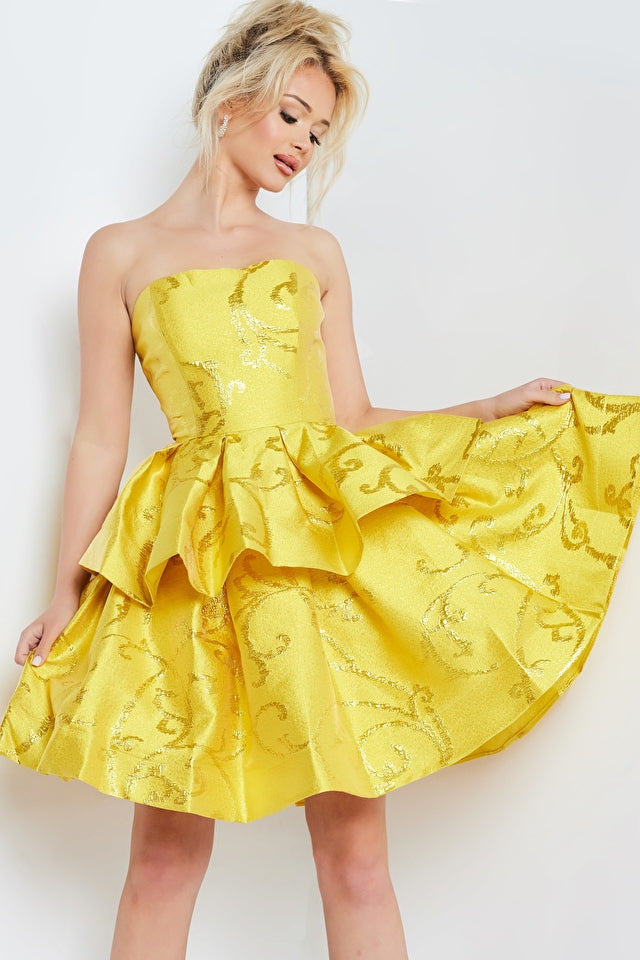 Jovani 23743 Yellow Fit and Flare Layered Embroidery Off the Shoulder Detachable Sleeves Short Cocktail Homecoming Dress. Jovani 23743 brings elegance and sophistication to any occasion with its yellow fit and flare silhouette of layered embroidery, an off the shoulder design and detachable sleeves. Perfect for any cocktail or homecoming event.