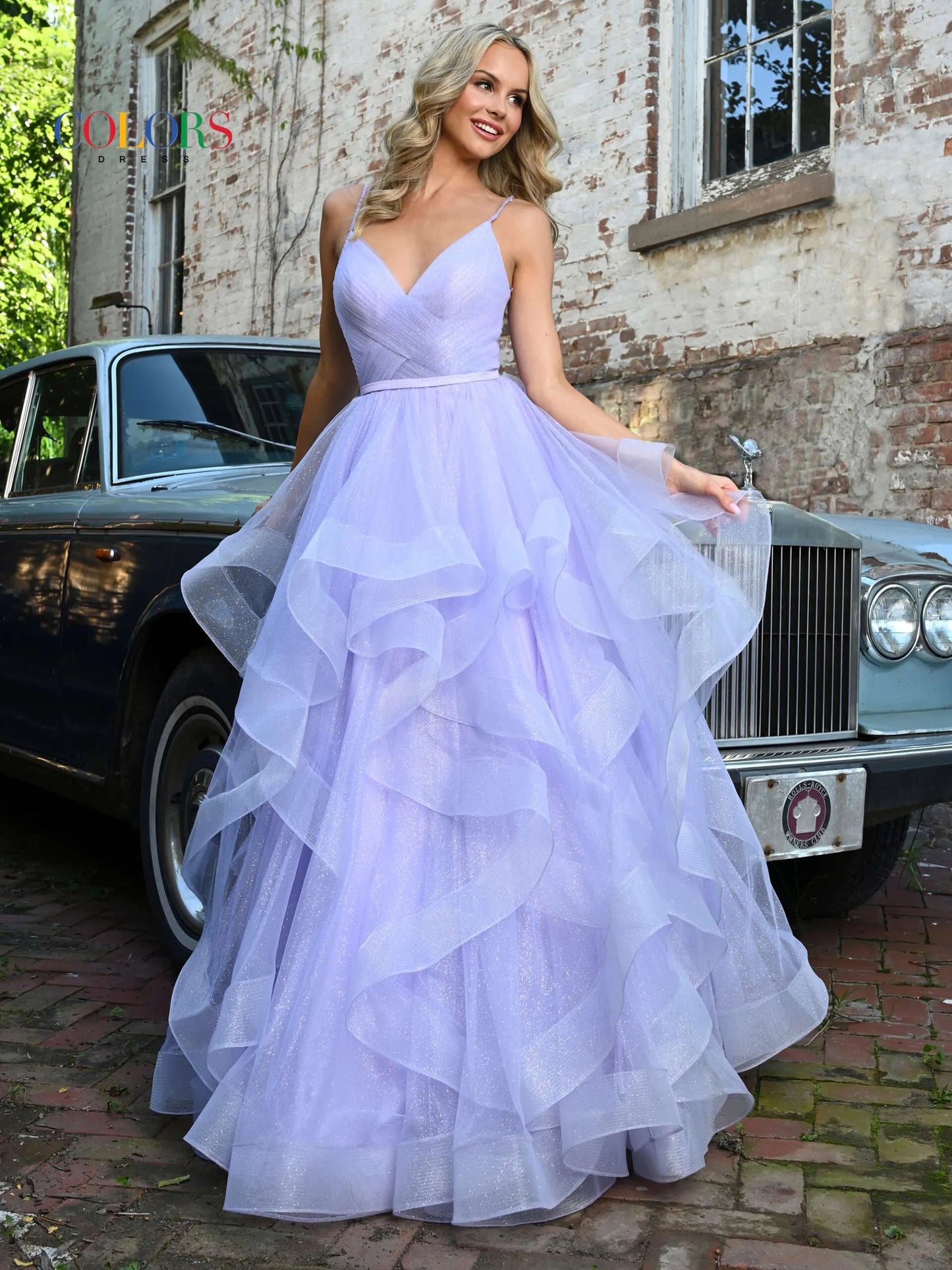 Colors Dress 2381 size 8, 16  Off White Prom Dress Ballgown V Neckline Layered Glitter Tulle Pageant Gown