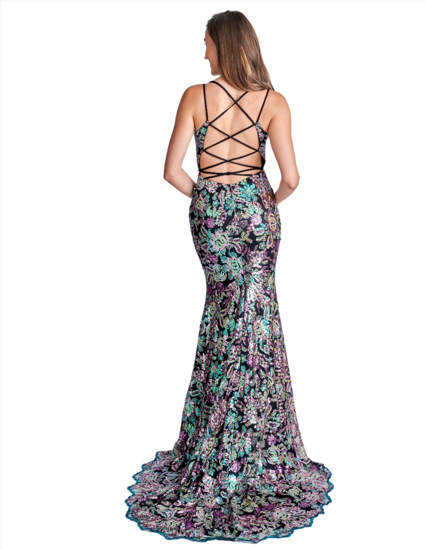 Elevate your formal event with the stunning Nina Canacci 2382 Sequin Print Formal Prom Dress. The backless corset and V-neckline exude an alluring elegance, while the sequin print adds a touch of glamour. Make a statement and shine bright in this evening gown.  Sizes: 0-6  Colors: Black Pink Multi