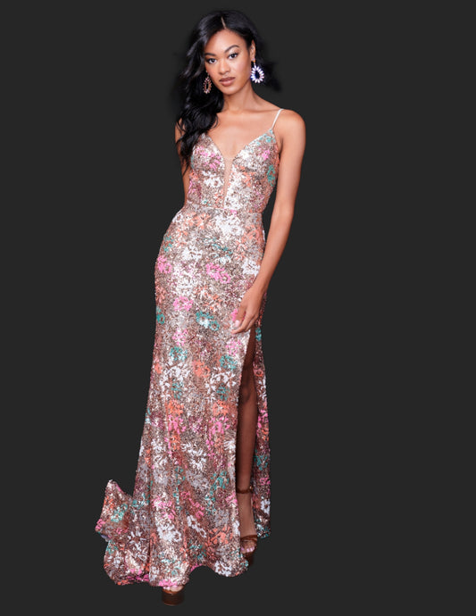 <p data-mce-fragment="1">Be the star of the evening in the Nina Canacci 2393 Sequin Floral Prom Dress. This stunning gown features a beautiful floral sequin design, a flattering backless style, and a fitted V neck silhouette. Perfect for formal events or as a guest, this dress will have all eyes on you.</p> <p data-mce-fragment="1">Sizes: 0-12</p> <p data-mce-fragment="1">Colors: Gold/Multi</p>
