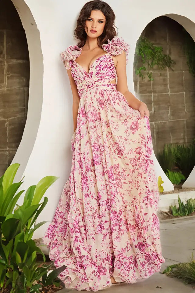 Elevate your formal look with the Jovani 24139 maxi dress, a graceful and elegant addition to the formal collection. Crafted from lightweight chiffon, this floor-length gown drapes beautifully and ensures comfort throughout the evening. The pleated bodice and high waist create a flattering silhouette, while ruffle shoulders add a touch of playful charm.