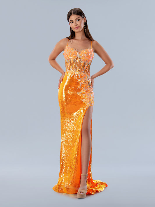 Look incredibly stunning with Stella Couture's 24176 Sheer Beaded Sequin Maxi Slit Prom Dress. Featuring a backless corset design and full-length skirt with a high slit, this dress is perfect for any formal event. Allover beading and sequin detailing complete the stunning look.  Sizes: 0-16  Colors: Orange