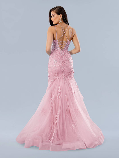 Stella Couture 24197 Size 8 Blue Sheer Corset Lace Mermaid Prom Dress Shimmer Sequin Beaded Gown