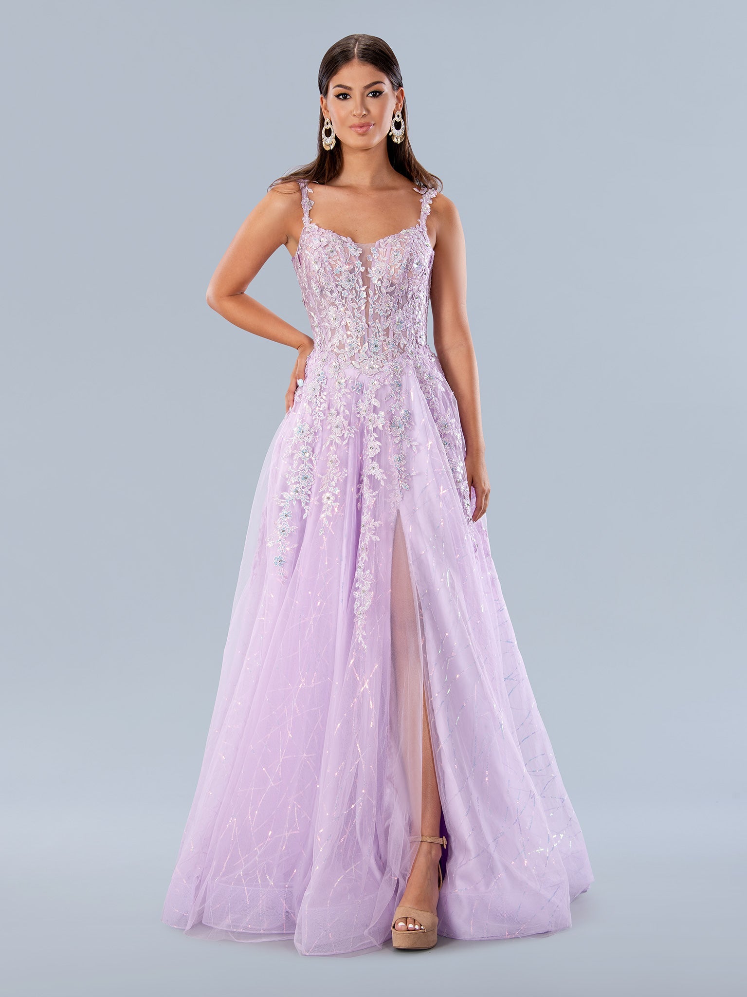 Stella Couture 24199 Size 6 Lilac Long A Line Sheer lace Corset Prom Dress Maxi Slit Sequin Formal Gown