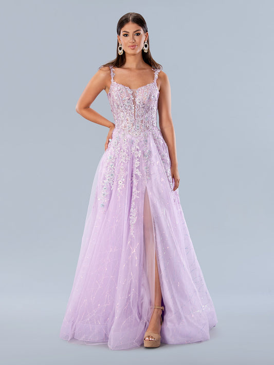 Stella Couture 24199 long A-line dress features a sheer lace corset bodice,  maxi slit, and Iridescent sequin accents. This formal gown is ideal for making a lasting impression. The timeless design is perfect for proms, weddings, and more.  Sizes: 0-24  Colors: Blue, Lilac
