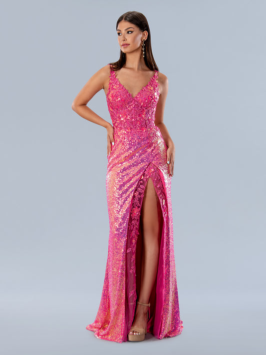 This stunning Stella Couture 24200 Sheer Sequin Corset Prom Dress is sure to make heads turn with its flattering corset design, elegant lace slit, and delicate sequin detailing. With sizes up to Plus, this show-stopping evening gown is perfect for an unforgettable night.  Sizes: 0-24  Colors: Fuchsia, Green, Navy