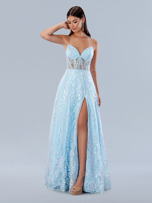 Show up to your prom wearing Stella Couture's 24221 Sequin A Line Maxi Slit dress. Designed with a sheer corset backless feature and formal flare, this luxurious long gown is perfect for making a statement. The slit creates an elegant touch, helping you stand out in a crowd.  Sizes: 0-16  Colors: Blue