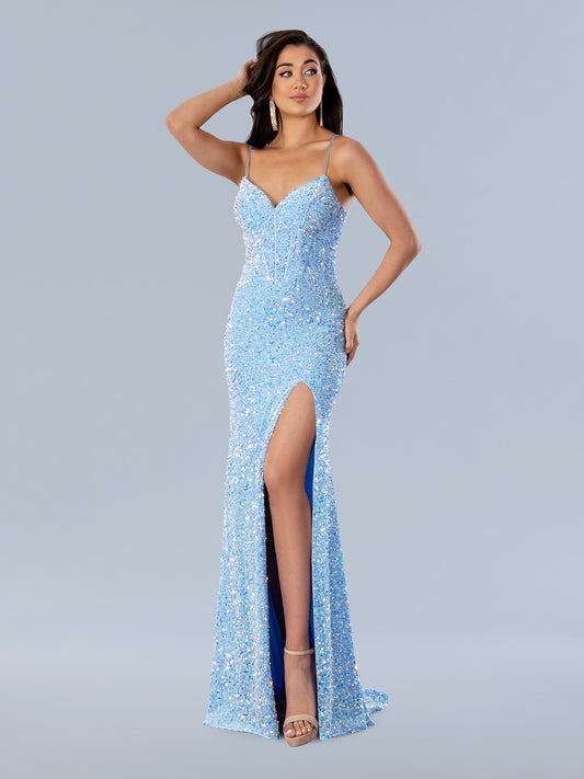 The Stella Couture 24240 Long Sequin Prom Dress is a formal gown designed for special occasions. Features include a corset V neckline, all adorned in glimmering sequins on velvet to add a touch of sparkle to your look.  Sizes: 0-16  Colors: Pink, Blue