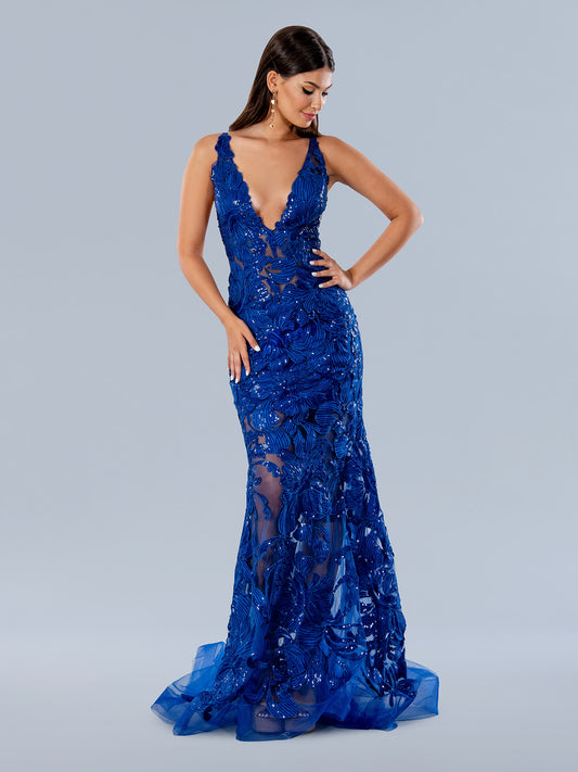 This Stella Couture 24244 Long Prom Dress is sure to make an unforgettable statement. Crafted from sheer sequin lace, this V-neck style features a figure-hugging fit and long train, perfect for formal occasions such as pageants and prom.  Sizes: 0-16  Colors: Black, Red, Royal