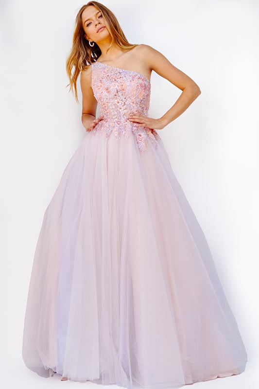 Jovani 24271 Blush/Multi One Shoulder A-Line Tulle Shoulder Floral Embroidered Bodice Prom Ballgown. The Jovani 24271 is a glamorous one-shoulder A-Line ballgown, featuring a sheer tulle overlay adorned with exquisite floral embroidery. Delicate shoulder trim adds a touch of dazzling sparkle, perfect for the memorable prom night