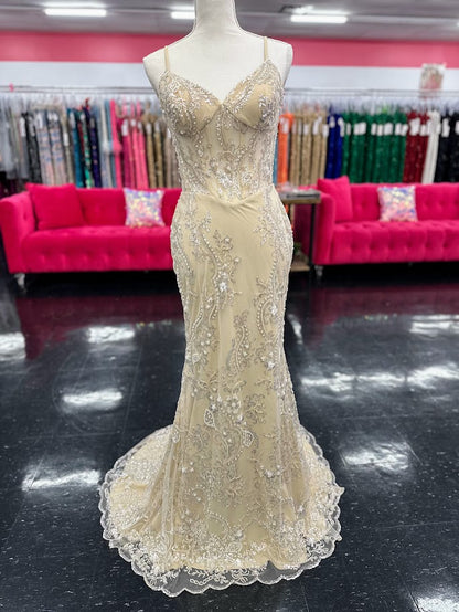 Nina Canacci 2437 Size 4 Nude Beaded Sheer Corset Prom Dress Evening Gown Mermaid