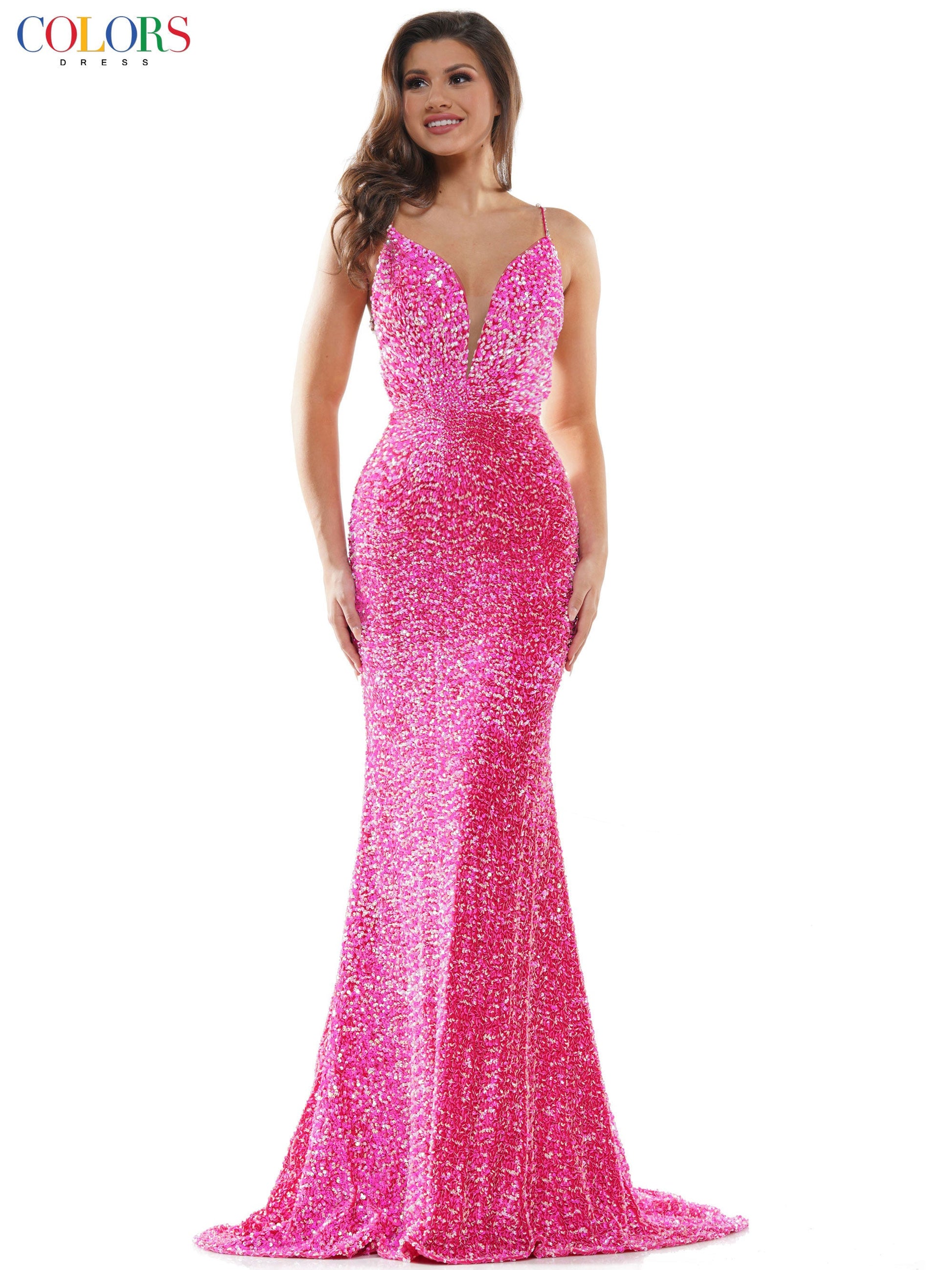 Colors 2459 Size 2 Hot Pink Long Sequin Prom Dress Velvet Colors 2459 Size 2 Hot Pink Long Sequin Prom Dress Velvet