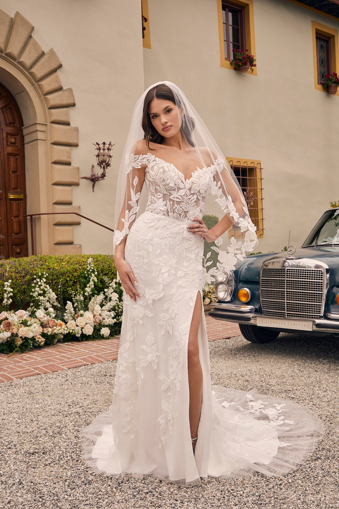 Casablanca Bridal 2541 Augustine A-Line Off The Shoulder 3D Floral Appliques Sheer Corset Train Slit Wedding Gown 26 / Ini Casablanca Bridal 2541 Augustine A-Line Off The Shoulder 3D Floral Appliques Sheer Corset Train Slit Wedding Gown 26 / Ini