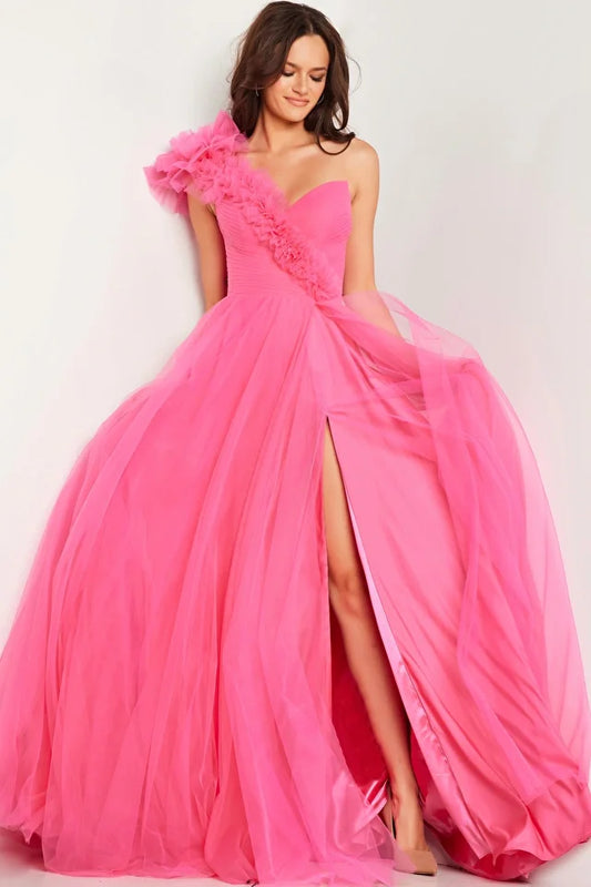 The Jovani 25919 is a stunning prom dress designed for the formal collection, ideal for making a memorable entrance at your special event. This beautiful gown is crafted from delicate tulle, a fabric known for its ethereal and graceful quality, which adds a touch of whimsy to your overall look. In terms of style, the dress combines an A-line silhouette with the drama of a ballgown, creating a timeless and captivating look. It's a fusion of classic elegance and striking beauty.