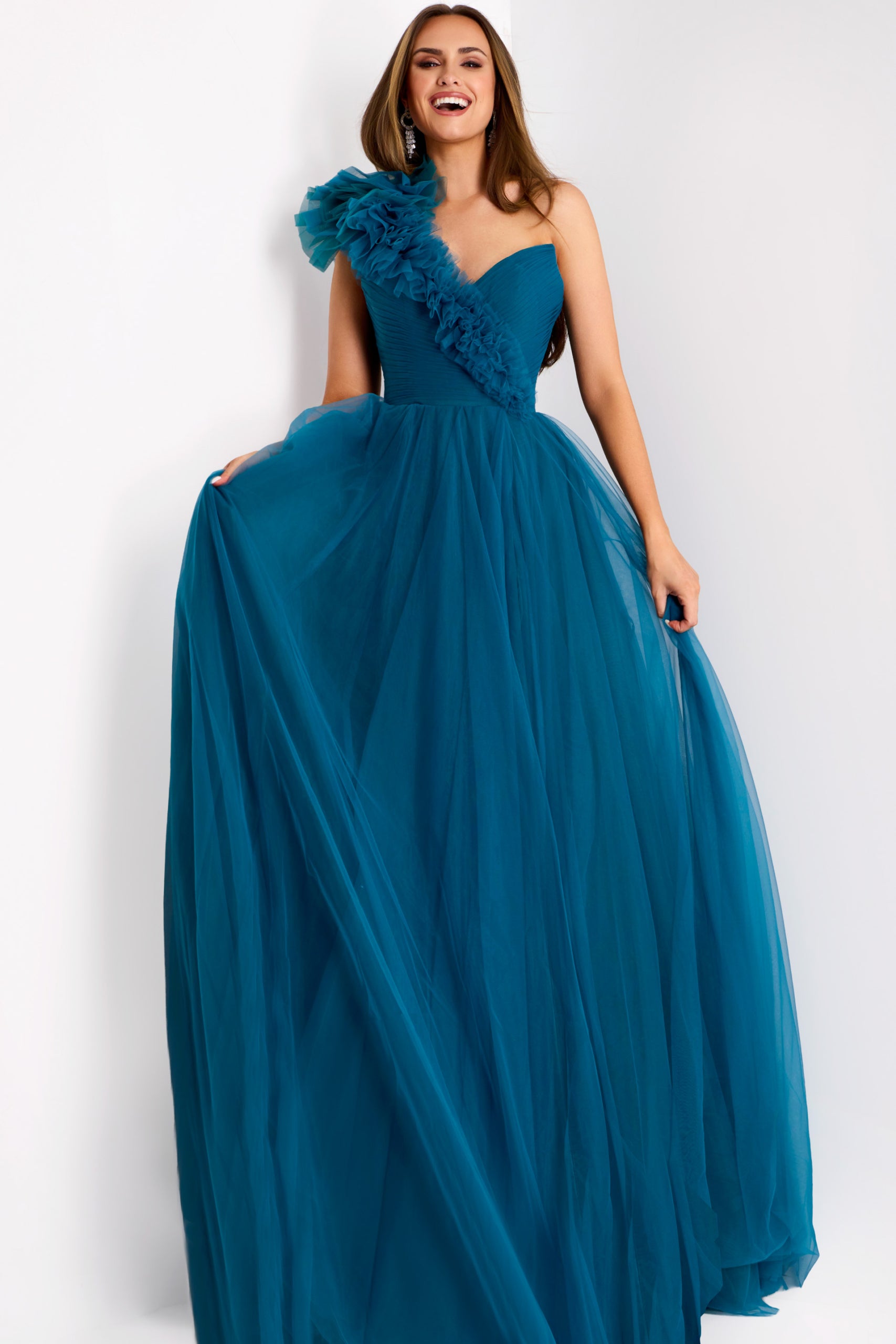 Jovani 25919 Long Prom Dress Ruffle One Shoulder High Slit Ballgown Formal Pageant Gown 16 / hot pink