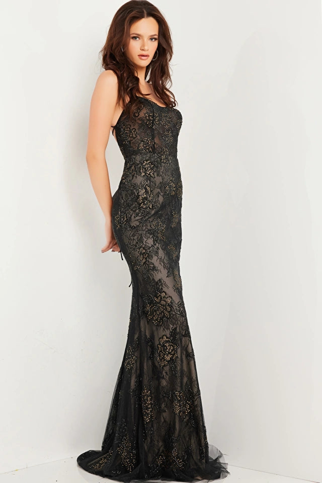 The Jovani 25956 prom dress is a stunning addition to any formal occasion. This exquisite dress is made from luxurious lace material, which adds an element of elegance and sophistication to the design. The style of the dress is fitted, creating a flattering silhouette that accentuates the wearer's figure.