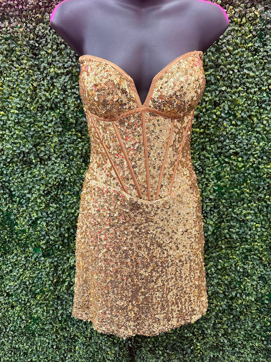 Jovani 25957 Size 2 Gold Sequin Cocktail Dress Strapless V-Neck Corset Bodice Homecoming Dress