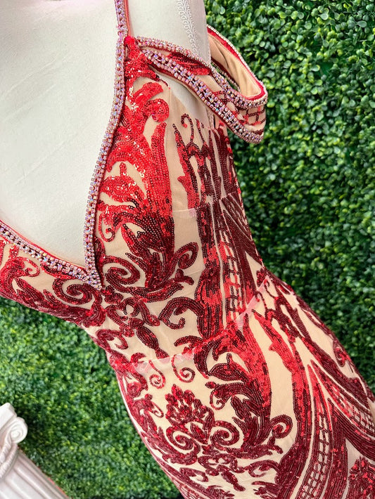 Johnathan Kayne 2600 Size 4 Red Nude Long backless sequin off the shoulder slit formal Pageant Dress