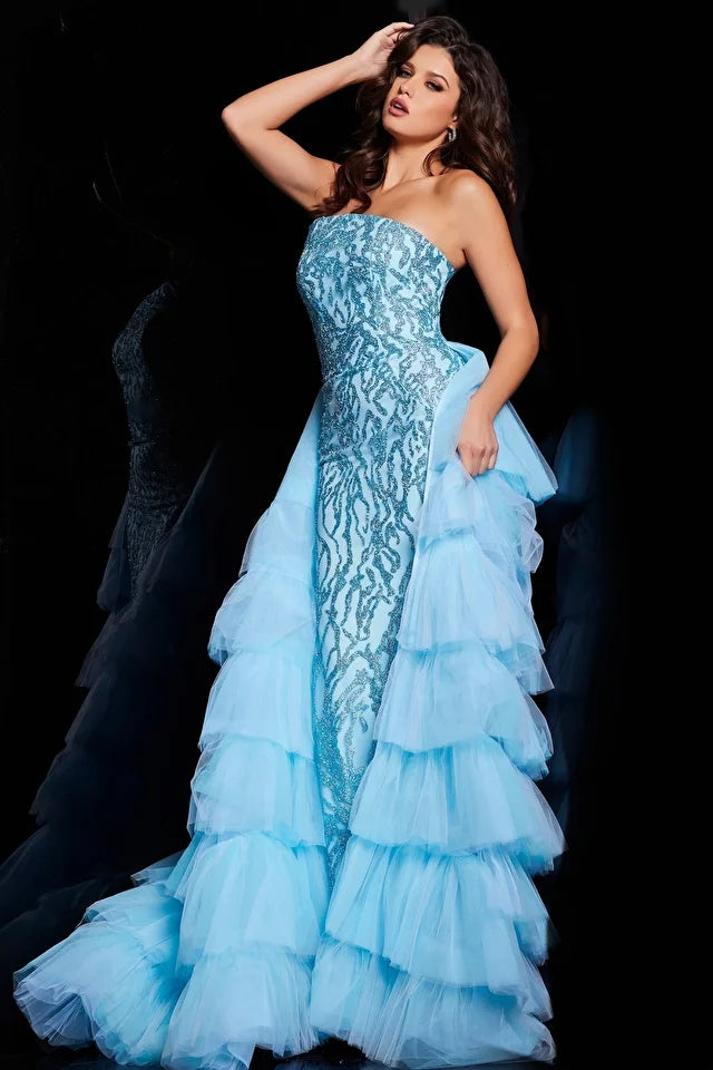 Jovani 26119 Long Prom Dress Strapless Fitted Glitter Tulle Layered  Over skirt Formal Pageant Gown